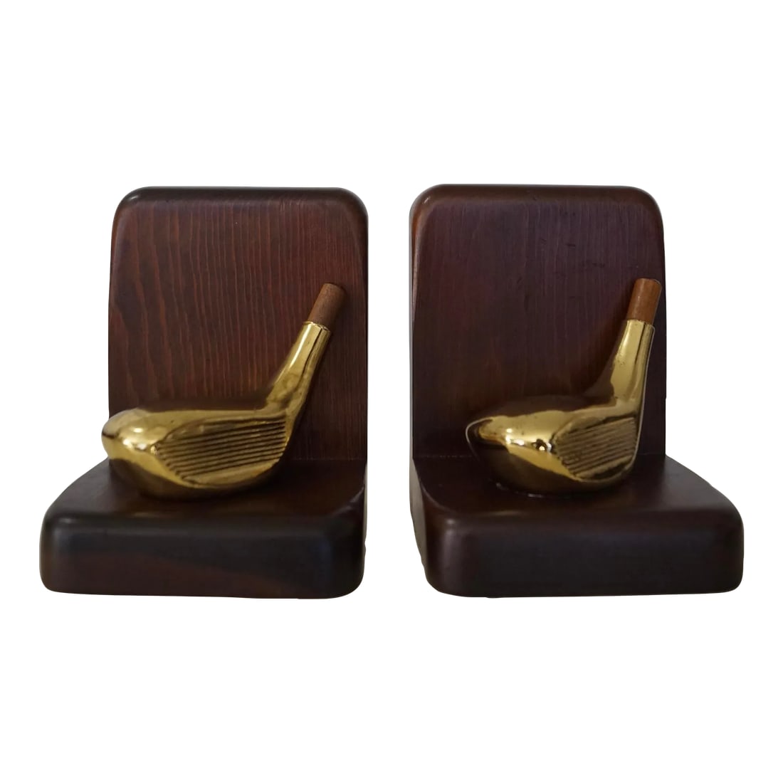 1960's Mid-Century Modern Bookends - a Pair: Vintage Mid-century Modern book holders for sale. From the 1960's, and made of solid wood with solid brass and a walnut stem. The solid wood blocks are in a walnut finish. These are really well made,