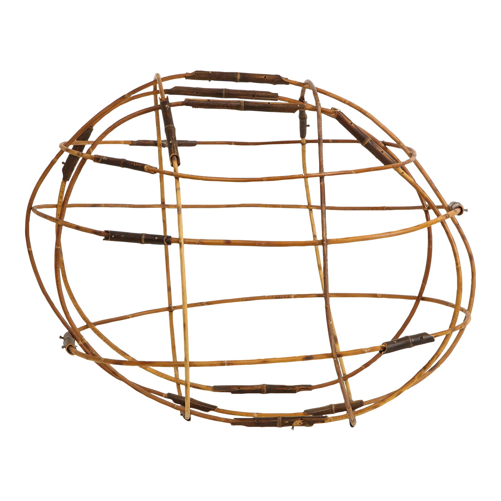 Contemporary Elliptical Bamboo Sculpture: Folk art style oval/elliptical bamboo sculpture, contemporary. Lengths of lighter colored bamboo form the larger ovals with short pieces of darker bamboo accent. Airy and natural. Condition: