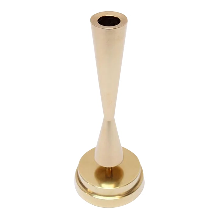 Vintage Solid Brass Sculptural Candlestick/Bud Vase by Crown: Elegant, sculptural brass bud vase/candlestick by Crown (ca. 1950s, USA). Lacquer finish has protected the brass from significant tarnish, though light wear is present. Retains the manufacturer's