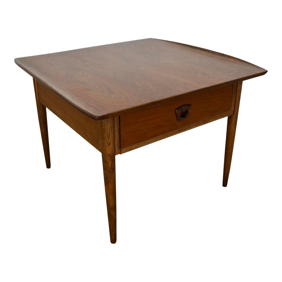 1960's Mid-Century Modern Walnut End Table: Vintage 1960's Mid century Modern side table for sale. It has been professionally refinished and looks beautifully restored. It has a Danish Modern design with a drawer and recessed handle. The