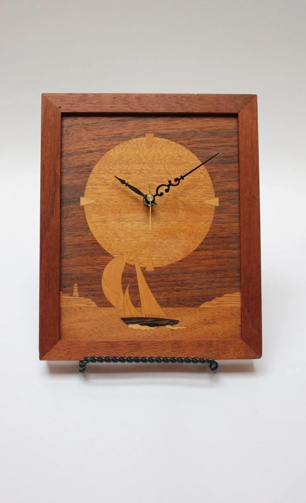 Vintage "Sailboat" Marquetry Wooden Inlaid Clock Artist Signed - 11