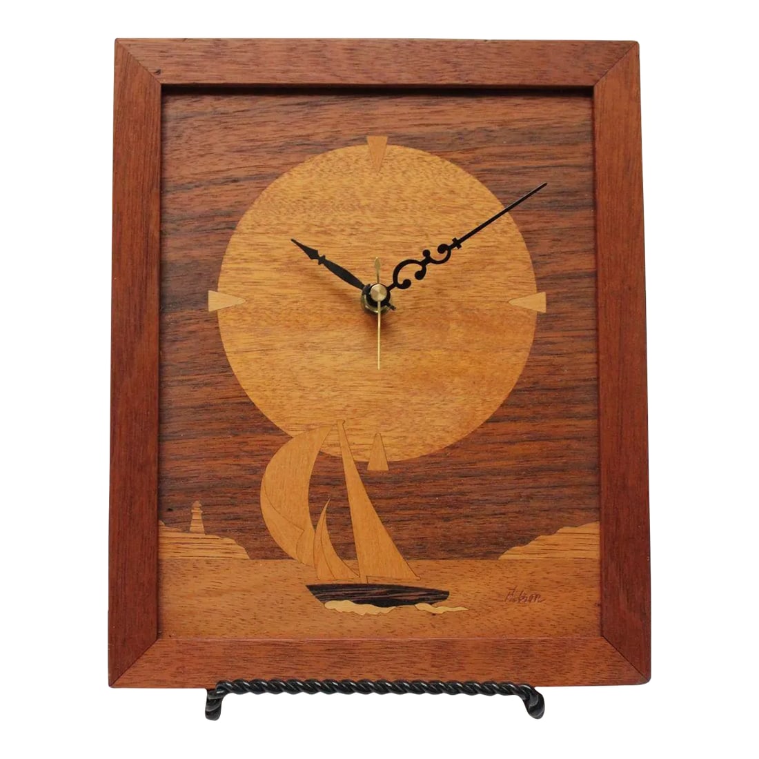 Vintage "Sailboat" Marquetry Wooden Inlaid Clock Artist Signed: Marquetry/mixed wood inlay "sailboat" scene wall clock (ca. 1970s, USA). Contrasting tones of teak, birch rosewood, and mahogany enhance the already visually appealing subject matter of a sailboat wit