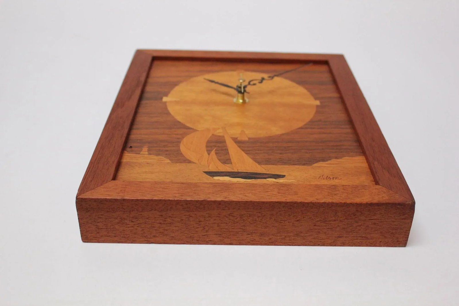 Vintage "Sailboat" Marquetry Wooden Inlaid Clock Artist Signed - 2