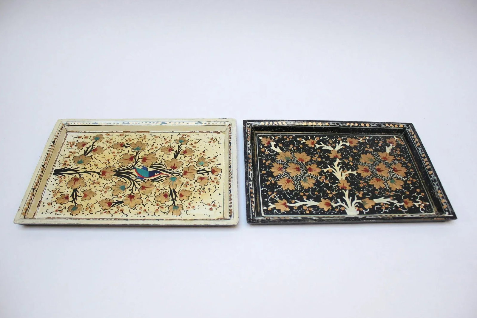 Set of Two Vintage Kashmiri Hand-Painted "Nature-Study" Decorative Trays - 12