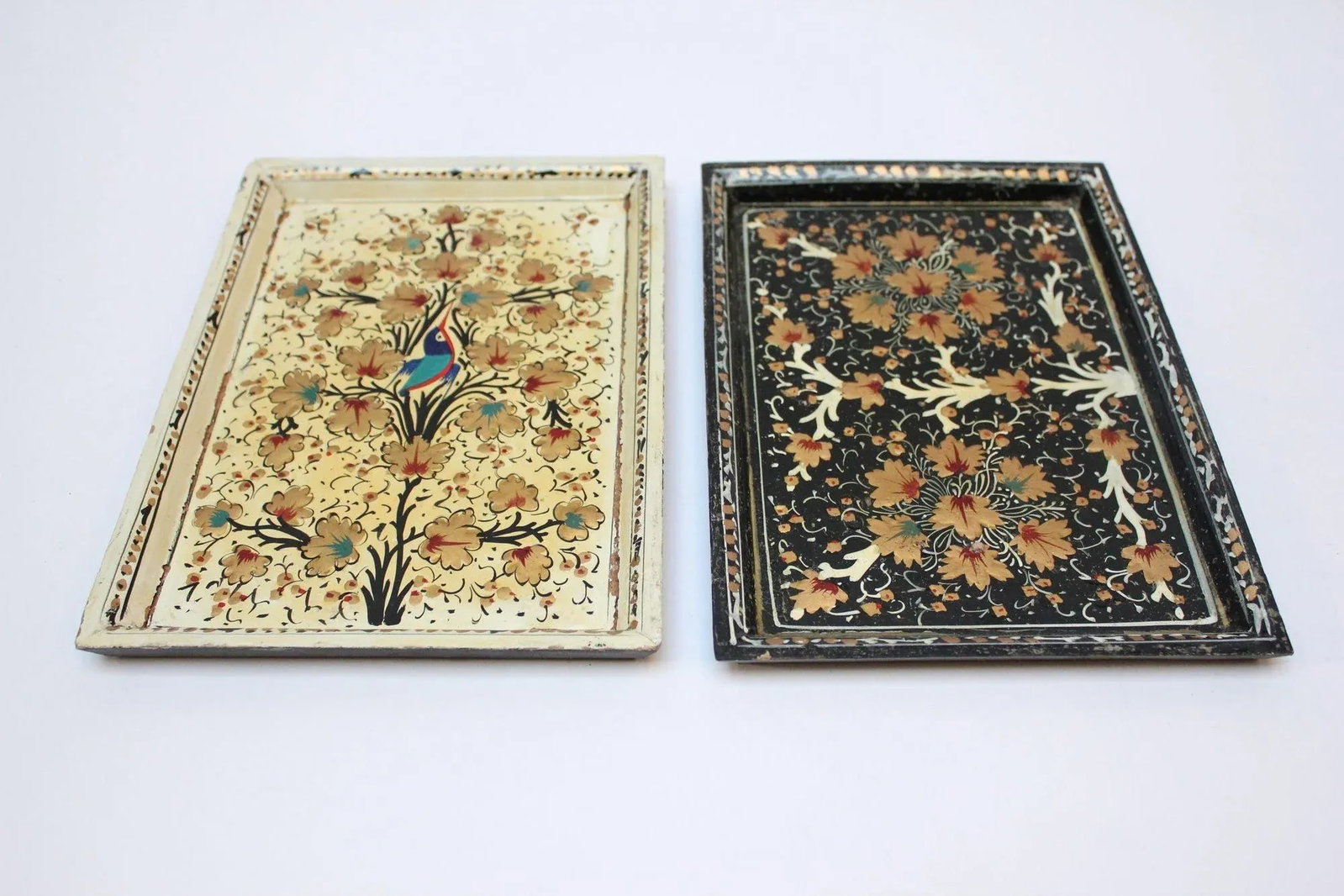 Set of Two Vintage Kashmiri Hand-Painted "Nature-Study" Decorative Trays - 2