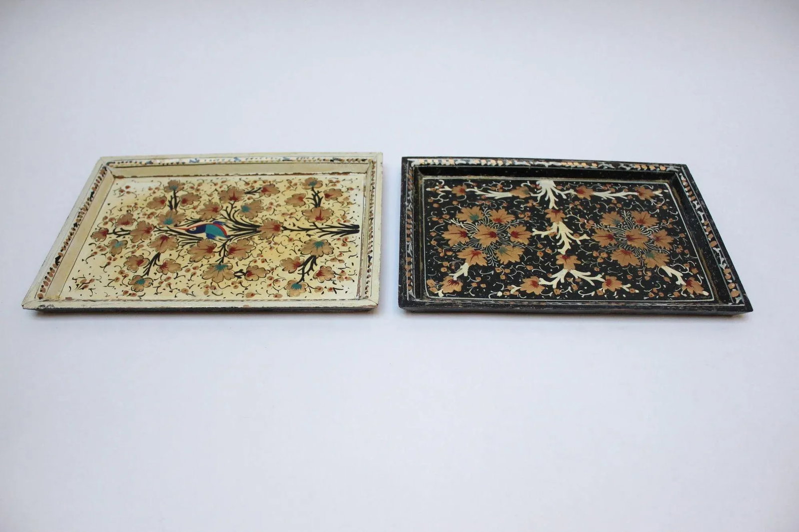 Set of Two Vintage Kashmiri Hand-Painted "Nature-Study" Decorative Trays - 3