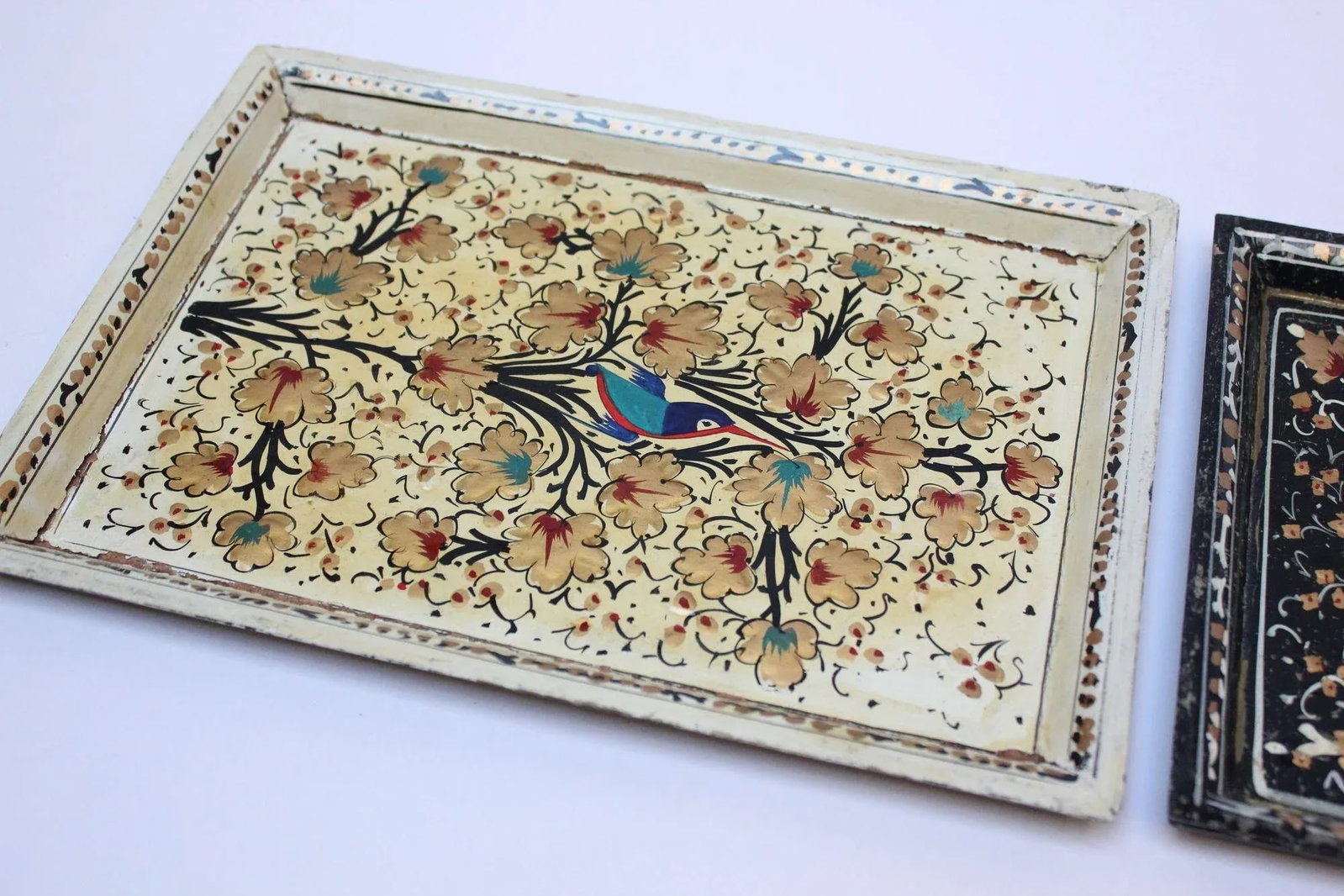 Set of Two Vintage Kashmiri Hand-Painted "Nature-Study" Decorative Trays - 6