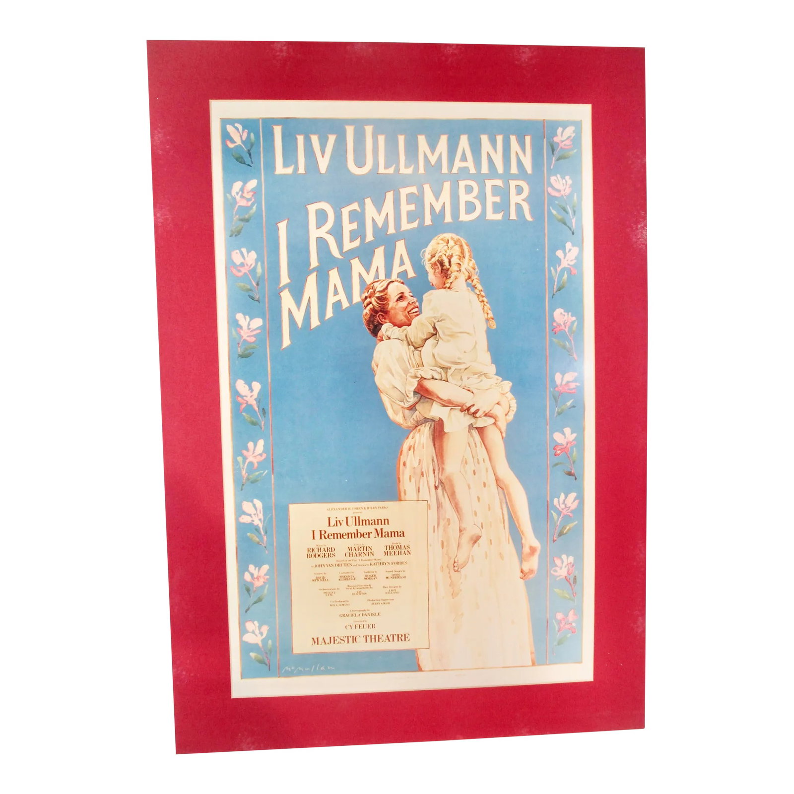 I Remember Mama Theater Show Poster: I Remember Mama theater show poster. Art print of vintage theater poster. Mounted on foam core with maroon mat. framed in a chrome gallery frame with a plexiglass face. Vintage 1979 show poster.