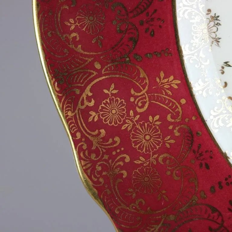 Early 20th Century Atlas Burgundy & Gilt Rim China Dinner Plates with Floral Well- Set of 6 - 11