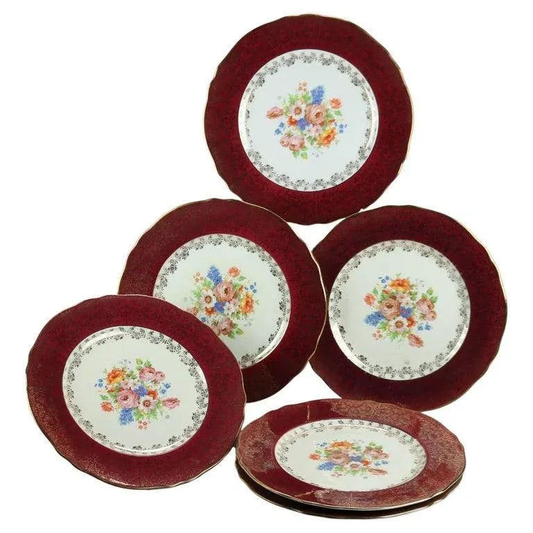 Early 20th Century Atlas Burgundy & Gilt Rim China Dinner Plates with Floral Well- Set of 6 - 13
