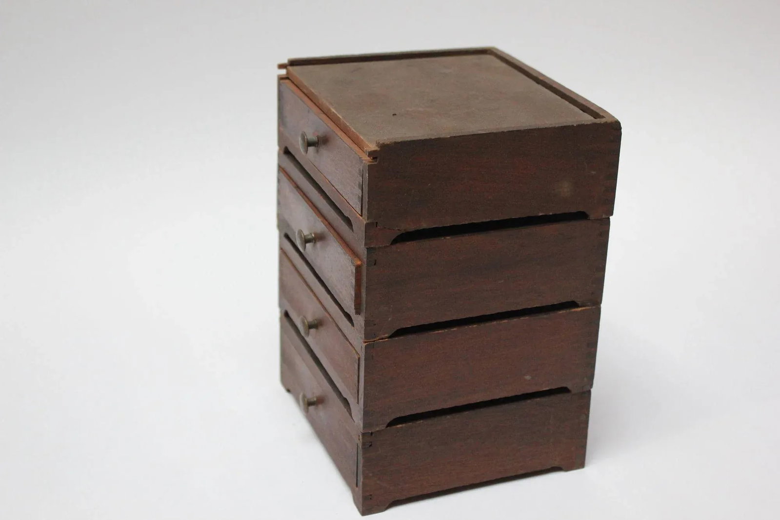 Diminutive Vintage Primitive Wooden Stacked Trinket Chest - 4