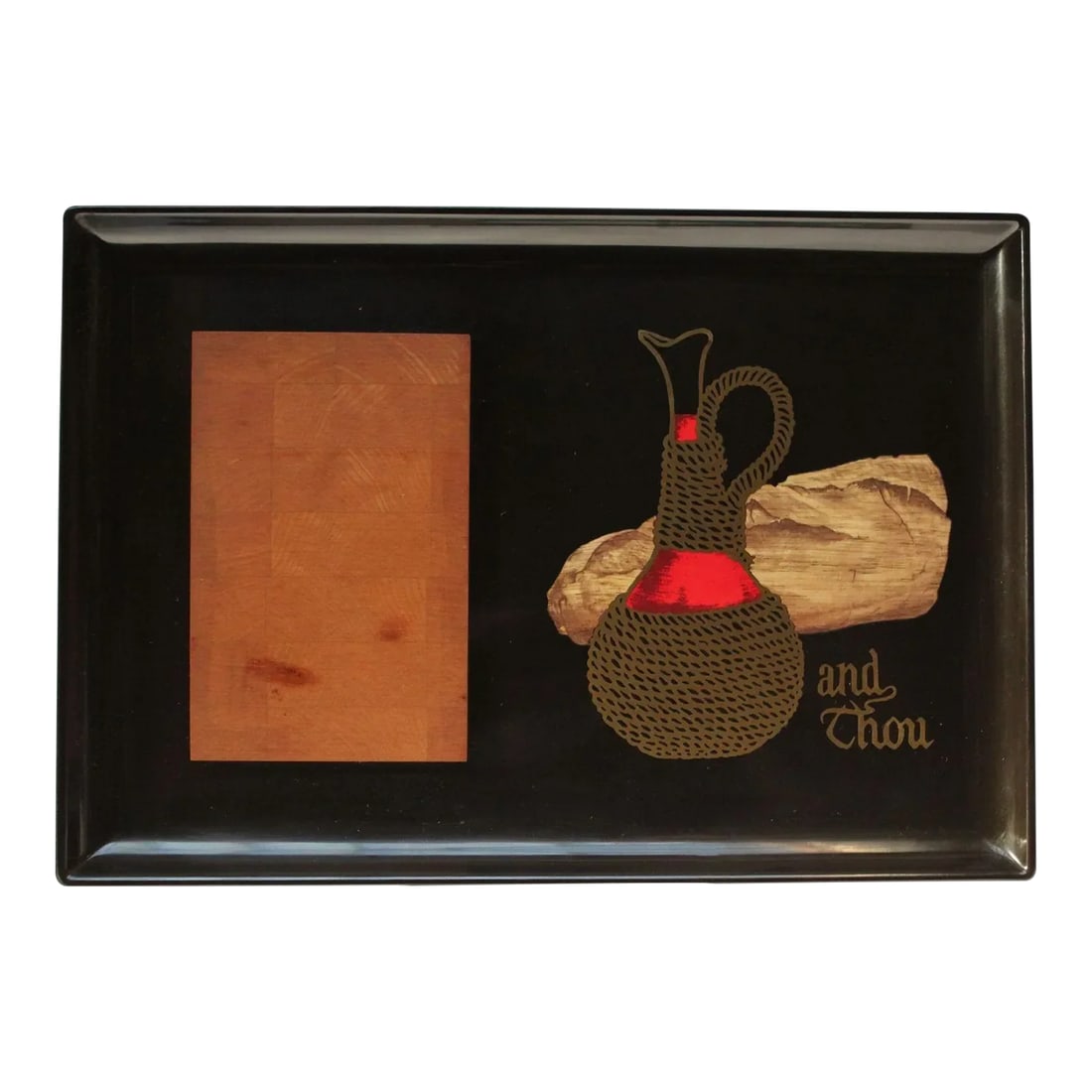 Large Mid-Century Black Resin and Maple Inlaid "Loaf"/Carafe"/"And Thou" Cheese Board by Couroc: Large tray with Vermont maple cheese board panel by Couroc of Monterey, California (circa 1960s). Composed of a black lacquer phenolic resin (water, burn, stain, and detergent resistant plastic) with 