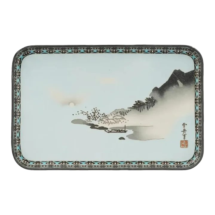 19th Century Japanese Wireless Cloisonné Serving Tray, Meiji Attributed to Namikawa Sosuke: A rare Japanese copper serving tray with cloisonne enamel design. The central part of the tray depicts a wireless cloisonne picture, a coastal landscape view with a full moon. The hieroglyphical signa