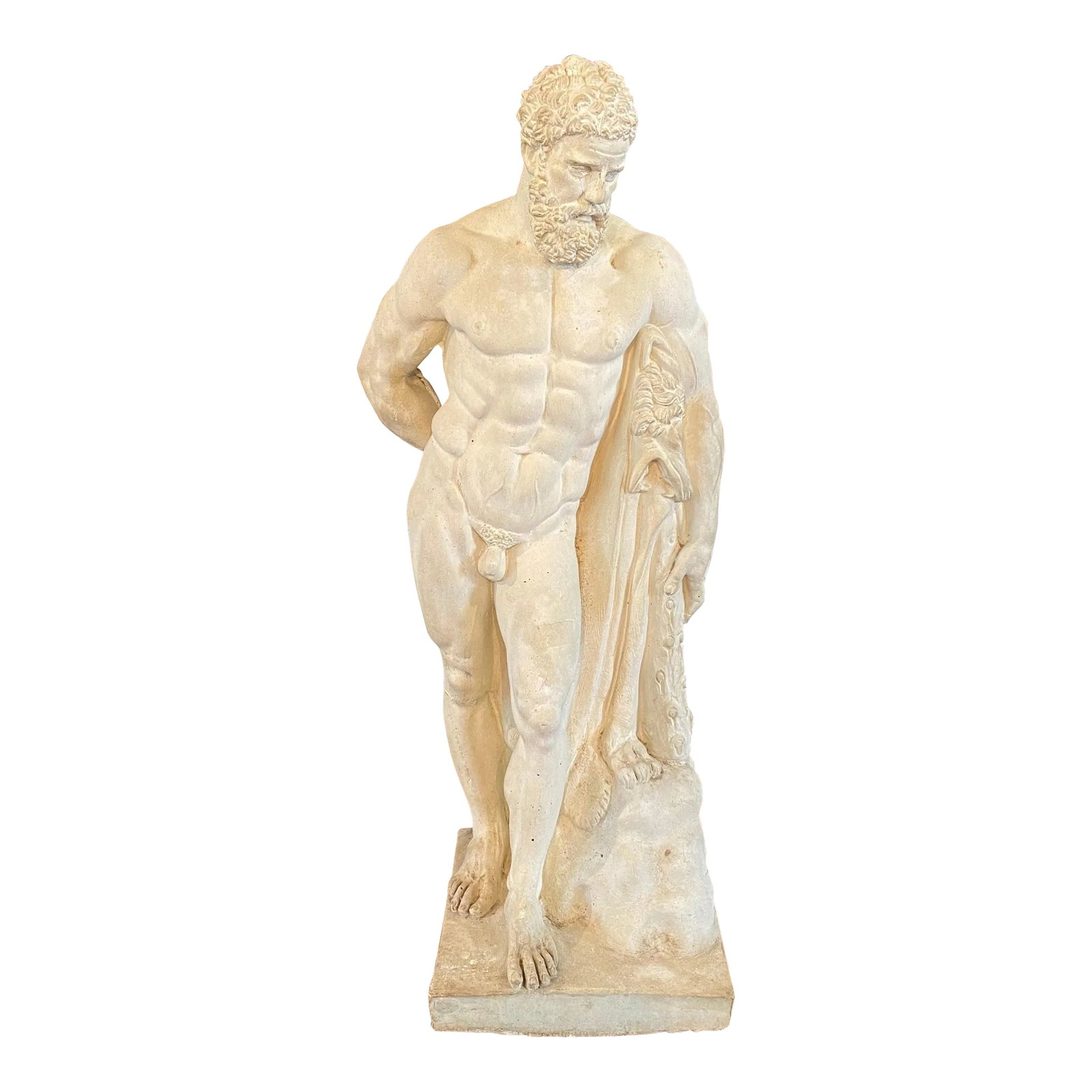 French Sculpture of Male Nude: Impressive realistic plaster statue of a muscular nude male that sits on top of a square block base. The elegant design shows intricate detail and quality craftsmanship. Incredibly solid and heavy,