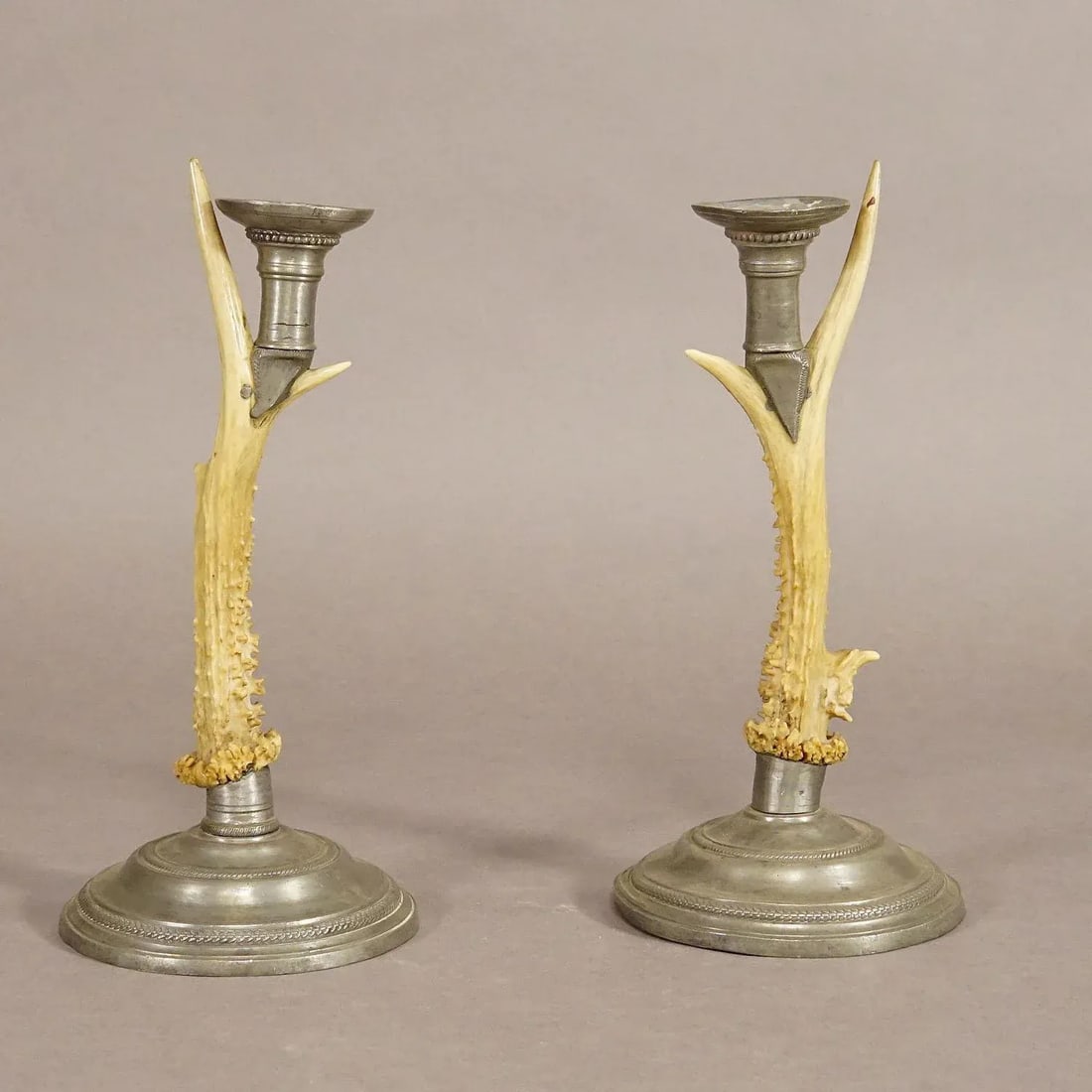 A Pair Black Forest Candle Holders With Pewter Base and Spout, Germany Ca. 1860s - 6