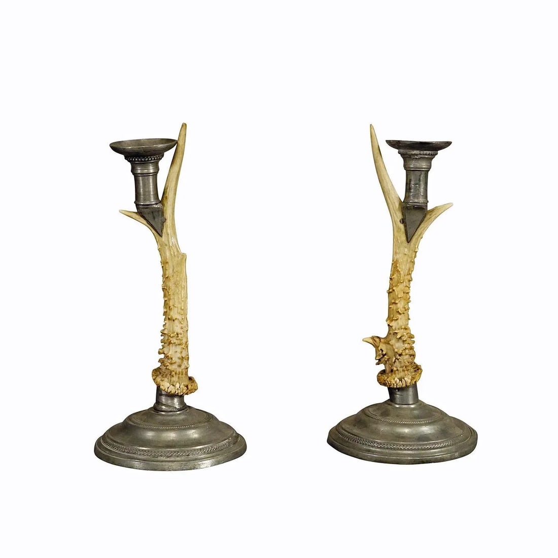 A Pair Black Forest Candle Holders With Pewter Base and Spout, Germany Ca. 1860s - 8