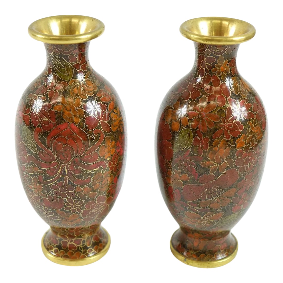 A Pair of Mid 20th Century Chinese Brass Decorative Cloisonne Vases: A Pair of Mid 20th Century Chinese Brass Decorative Cloisonne Vases Condition: Alterations: Unknown Imperfections: Some Imperfections Condition Notes: Good Condition. See pictures for more condition