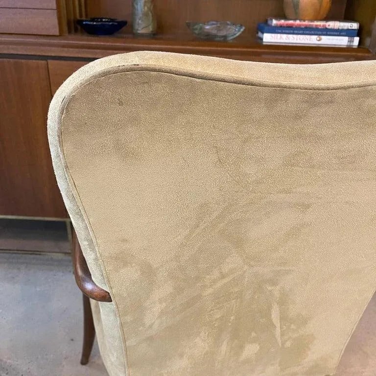 1950s Pair of Mid-Century Modern UltraSuede and Oak Sabre Leg Armchairs - 10