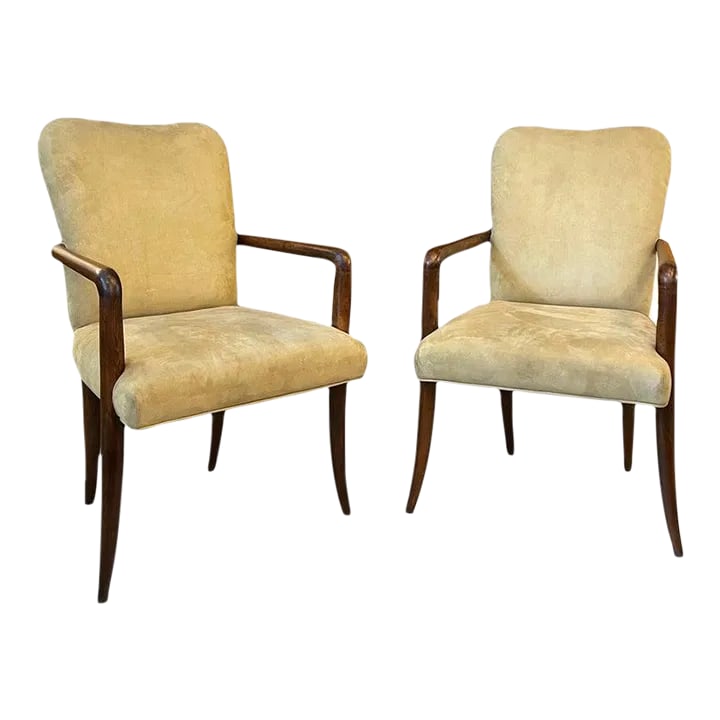 1950s Pair of Mid-Century Modern UltraSuede and Oak Sabre Leg Armchairs: Pair of stately, mid-century modern armchairs feature tannish celadon ultrasuede upholstery with high, sweetheart backs and slender oak arms and sabre legs. A truly elegant seating pair that complimen