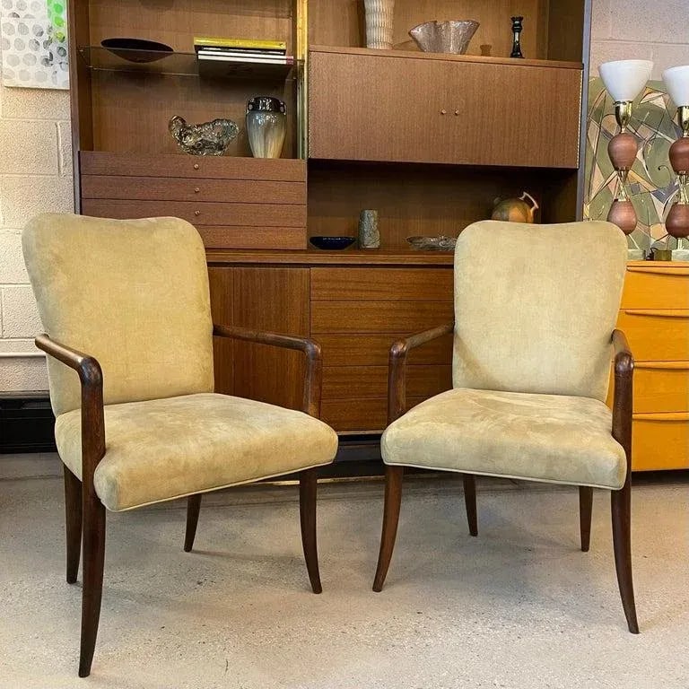 1950s Pair of Mid-Century Modern UltraSuede and Oak Sabre Leg Armchairs - 2