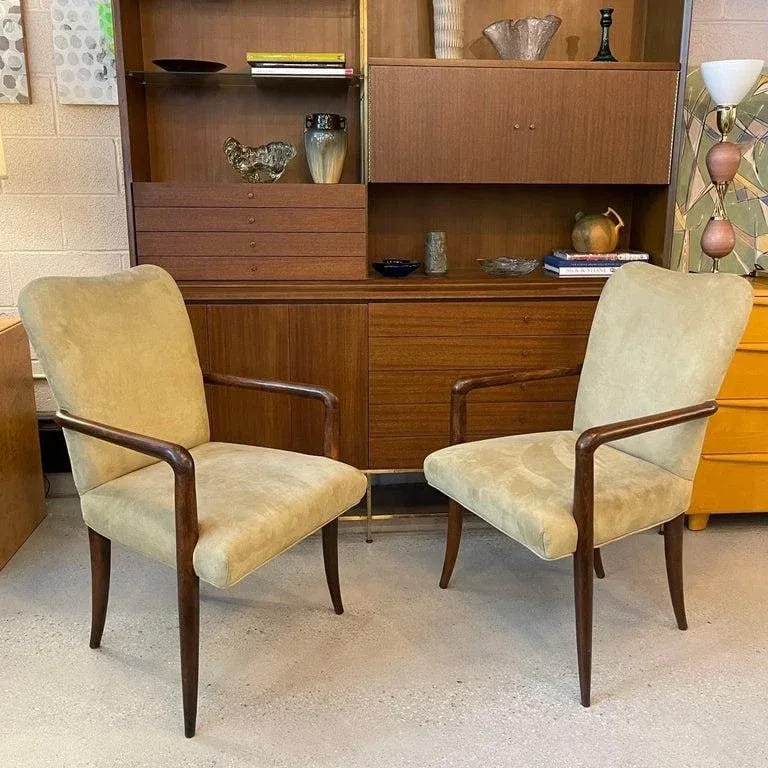 1950s Pair of Mid-Century Modern UltraSuede and Oak Sabre Leg Armchairs - 4