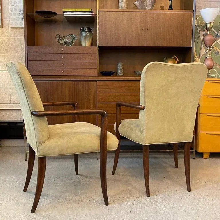 1950s Pair of Mid-Century Modern UltraSuede and Oak Sabre Leg Armchairs - 5