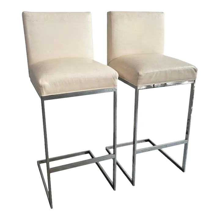1980s Minimal Leather Chrome Cantilever Bar Stools - Set of 2 (1 of 9)