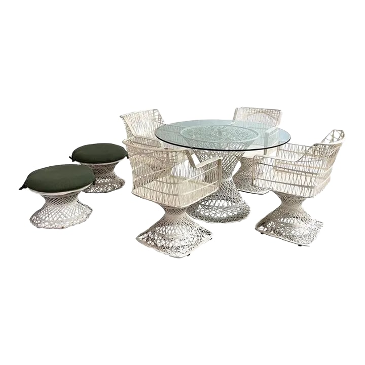 Vintage Russell Woodard Woven Fiberglass Patio Dining Set With Ottomans, 7 Pieces (1 of 12)