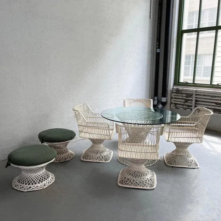 Vintage Russell Woodard Woven Fiberglass Patio Dining Set With Ottomans, 7 Pieces - 2