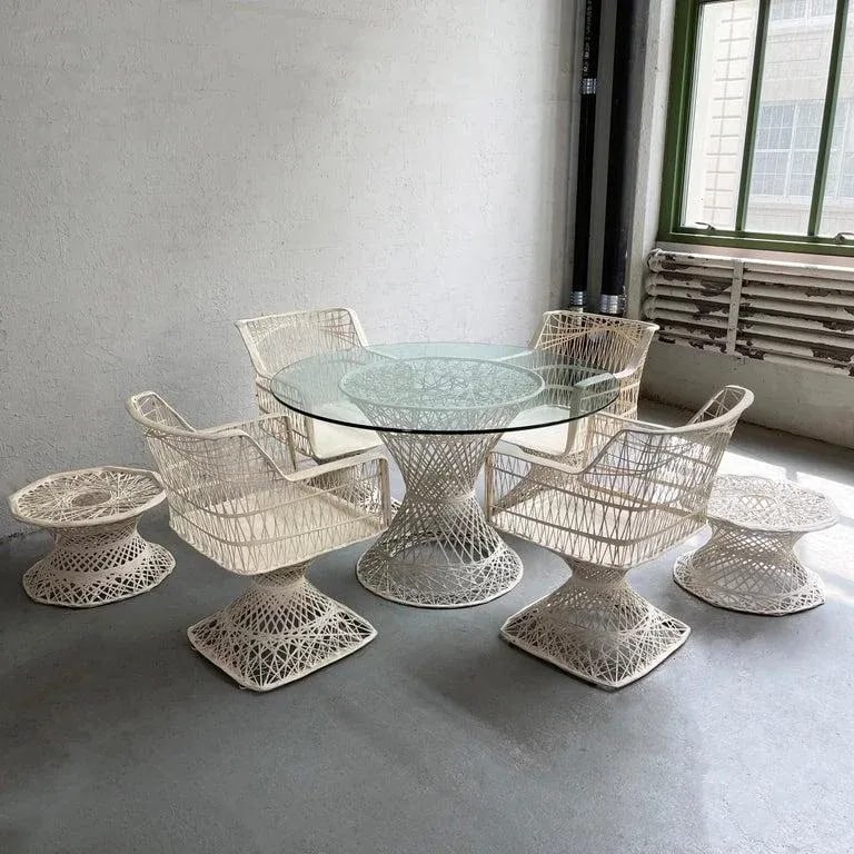 Vintage Russell Woodard Woven Fiberglass Patio Dining Set With Ottomans, 7 Pieces - 3