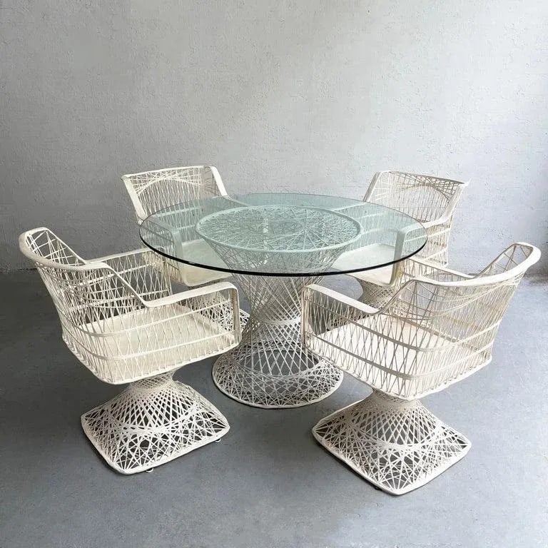 Vintage Russell Woodard Woven Fiberglass Patio Dining Set With Ottomans, 7 Pieces - 4