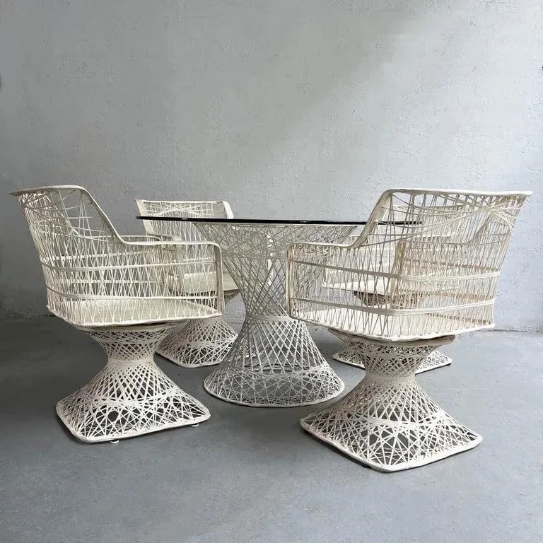 Vintage Russell Woodard Woven Fiberglass Patio Dining Set With Ottomans, 7 Pieces - 5