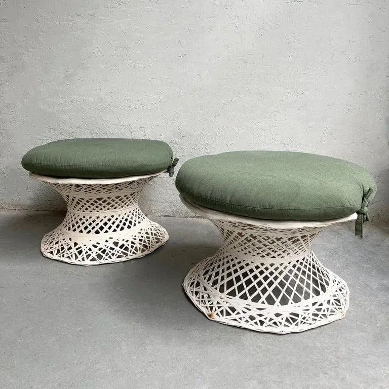 Vintage Russell Woodard Woven Fiberglass Patio Dining Set With Ottomans, 7 Pieces - 6