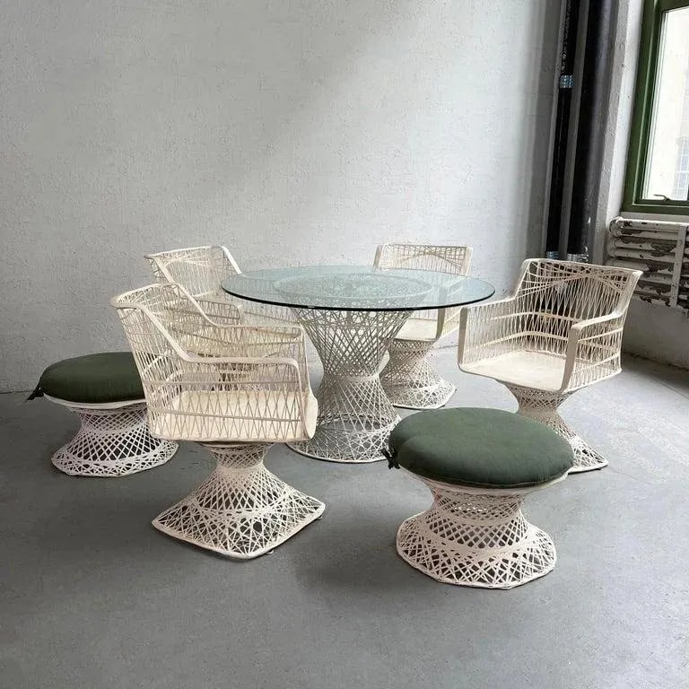 Vintage Russell Woodard Woven Fiberglass Patio Dining Set With Ottomans, 7 Pieces - 7