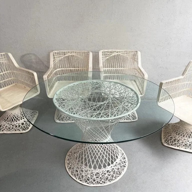 Vintage Russell Woodard Woven Fiberglass Patio Dining Set With Ottomans, 7 Pieces - 8
