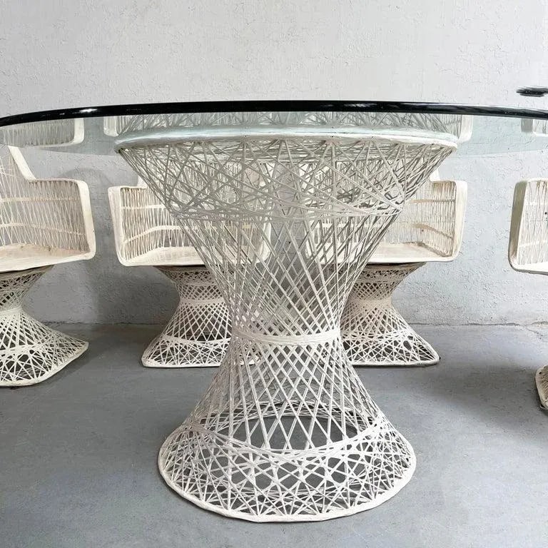 Vintage Russell Woodard Woven Fiberglass Patio Dining Set With Ottomans, 7 Pieces - 9