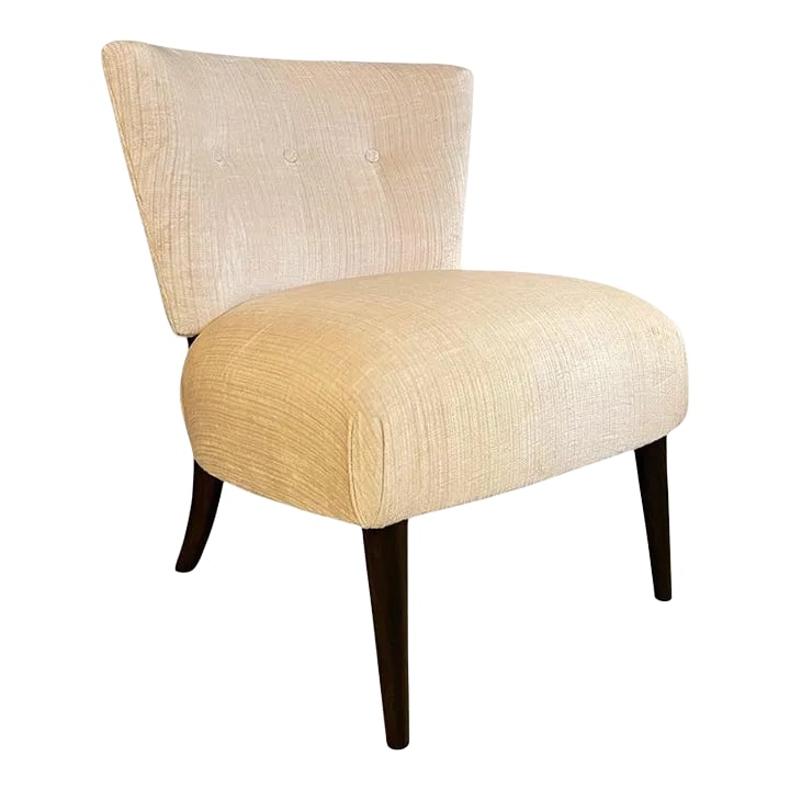 1950s Hollywood Regency Velvet Slipper Chair by Kroehler: Midcentury, Hollywood regency, slipper chair by Kroehler upholstered in textured, cream velvet with lacquered rosewood legs. Condition: Alterations: Restored Imperfections: Some Imperfections