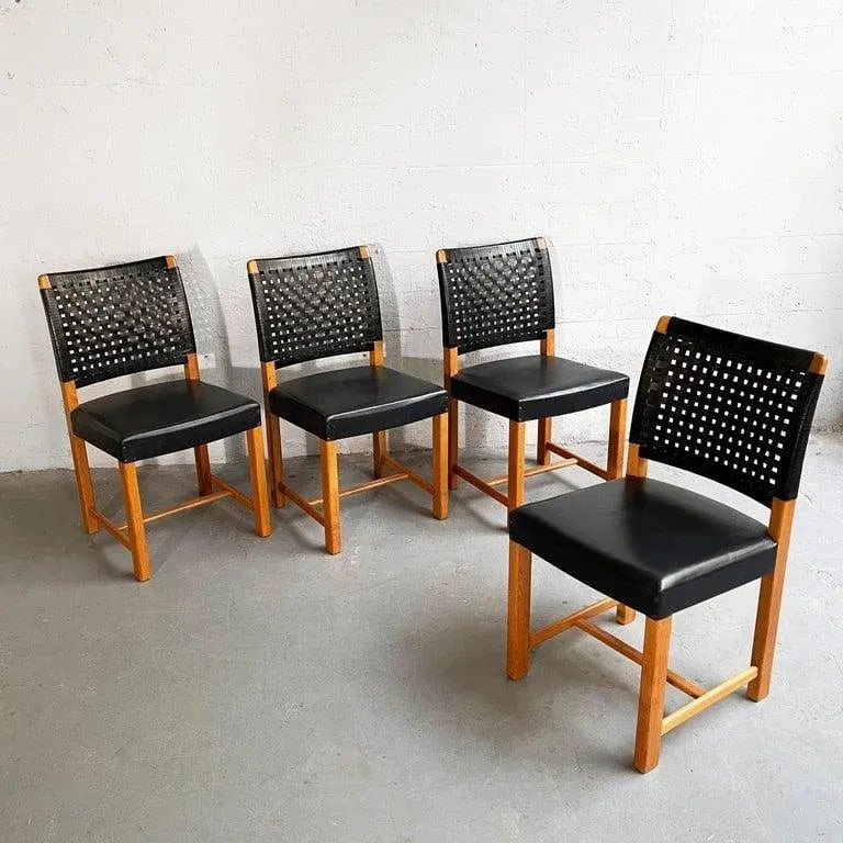 1960s Swedish Mid-Century Modern Black Woven Leather Dining Chairs - Set of 4 - 3