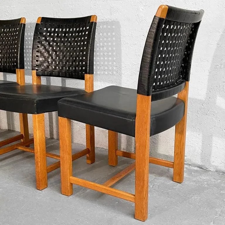 1960s Swedish Mid-Century Modern Black Woven Leather Dining Chairs - Set of 4 - 8