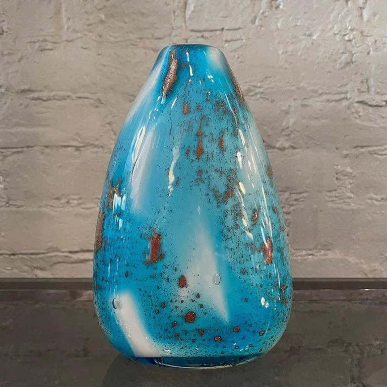 1960s Gradient Blue Gold Fleck Murano Attributed Glass Vase, Pear Shape - 2