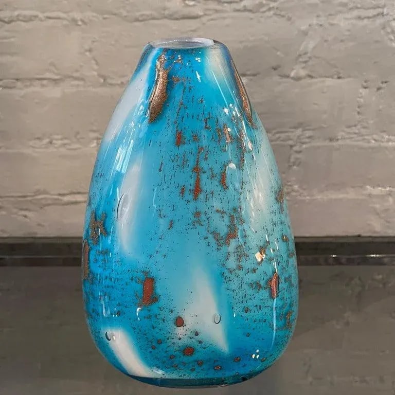 1960s Gradient Blue Gold Fleck Murano Attributed Glass Vase, Pear Shape - 3