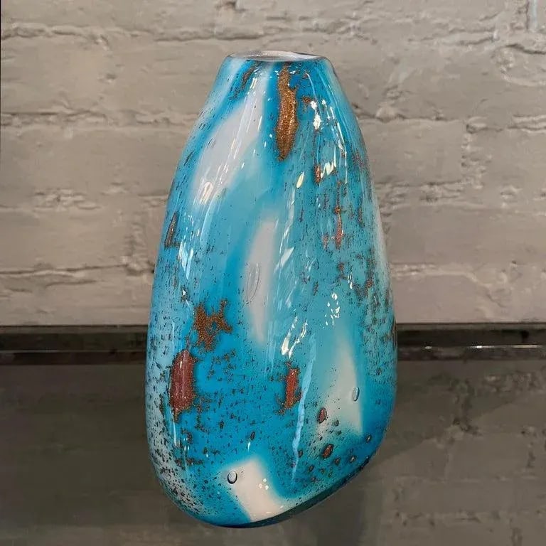 1960s Gradient Blue Gold Fleck Murano Attributed Glass Vase, Pear Shape - 8
