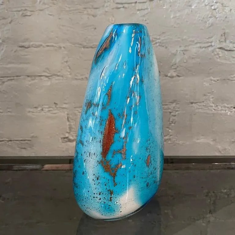 1960s Gradient Blue Gold Fleck Murano Attributed Glass Vase, Pear Shape - 9