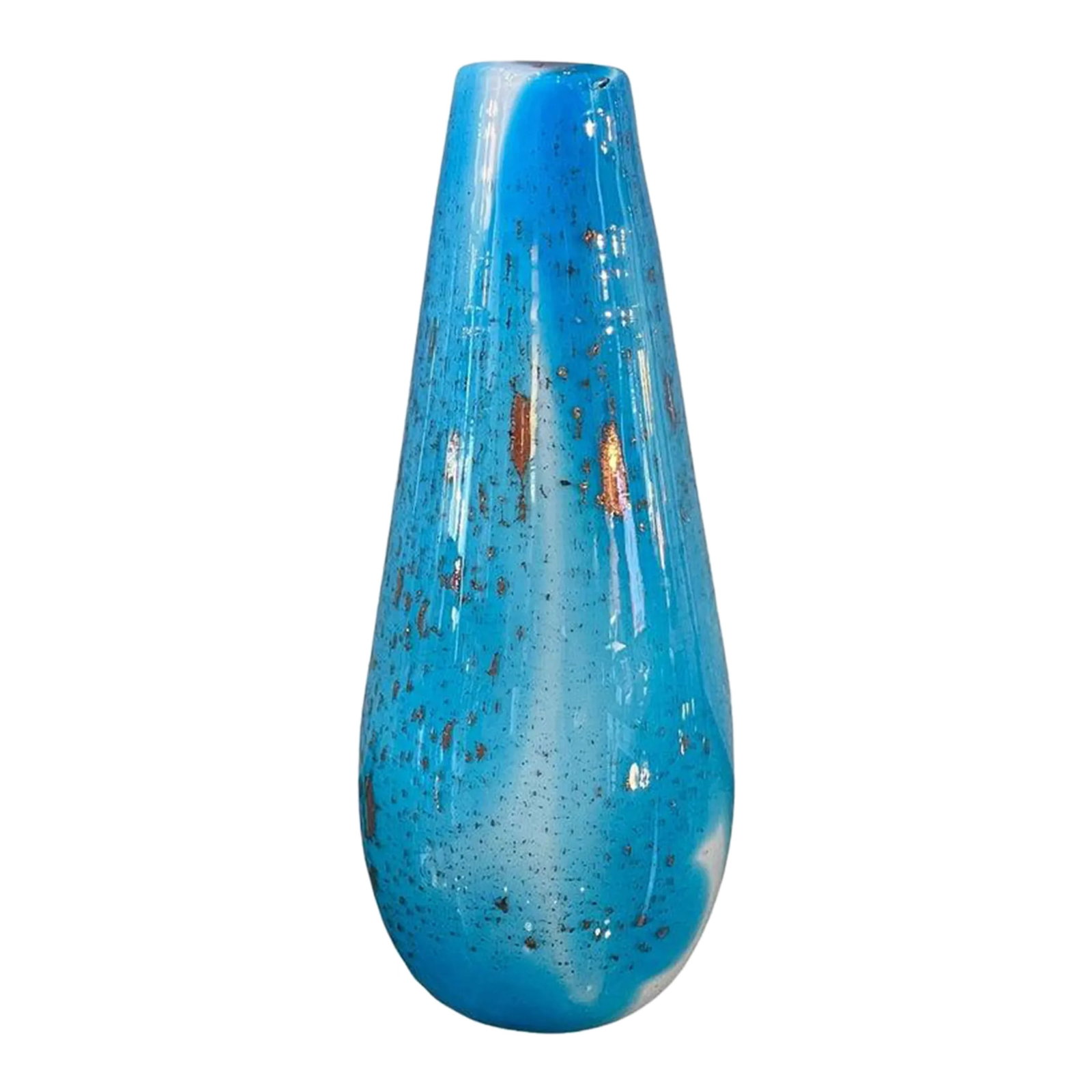 1960s Gradient Blue Gold Fleck Murano Attributed Glass Vase, Tear Drop Shape: Mid century modern, slender, tear drop shaped, Murano art glass vase in gradient sky blue and white with gold flecks throughout. Unmarked but attributed as Murano glass. Condition: Alterations: Origin