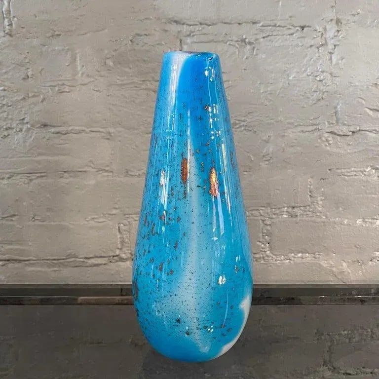 1960s Gradient Blue Gold Fleck Murano Attributed Glass Vase, Tear Drop Shape - 2
