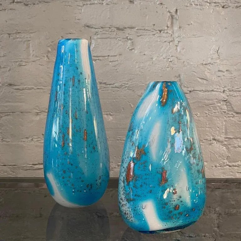 1960s Gradient Blue Gold Fleck Murano Attributed Glass Vase, Tear Drop Shape - 3