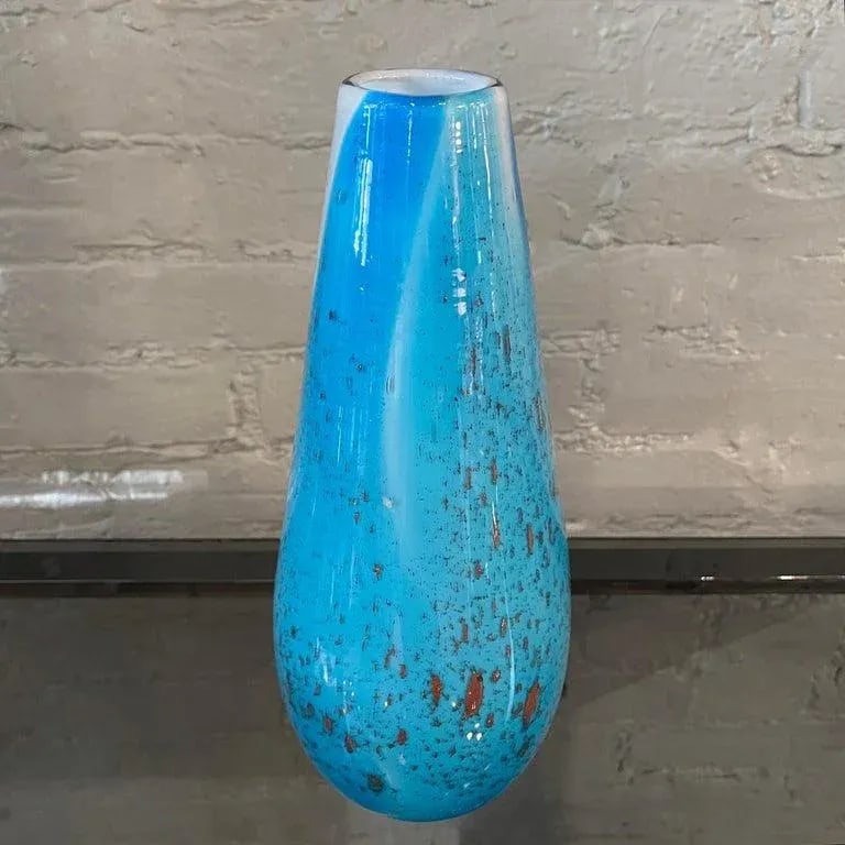 1960s Gradient Blue Gold Fleck Murano Attributed Glass Vase, Tear Drop Shape - 7