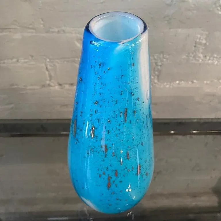1960s Gradient Blue Gold Fleck Murano Attributed Glass Vase, Tear Drop Shape - 8