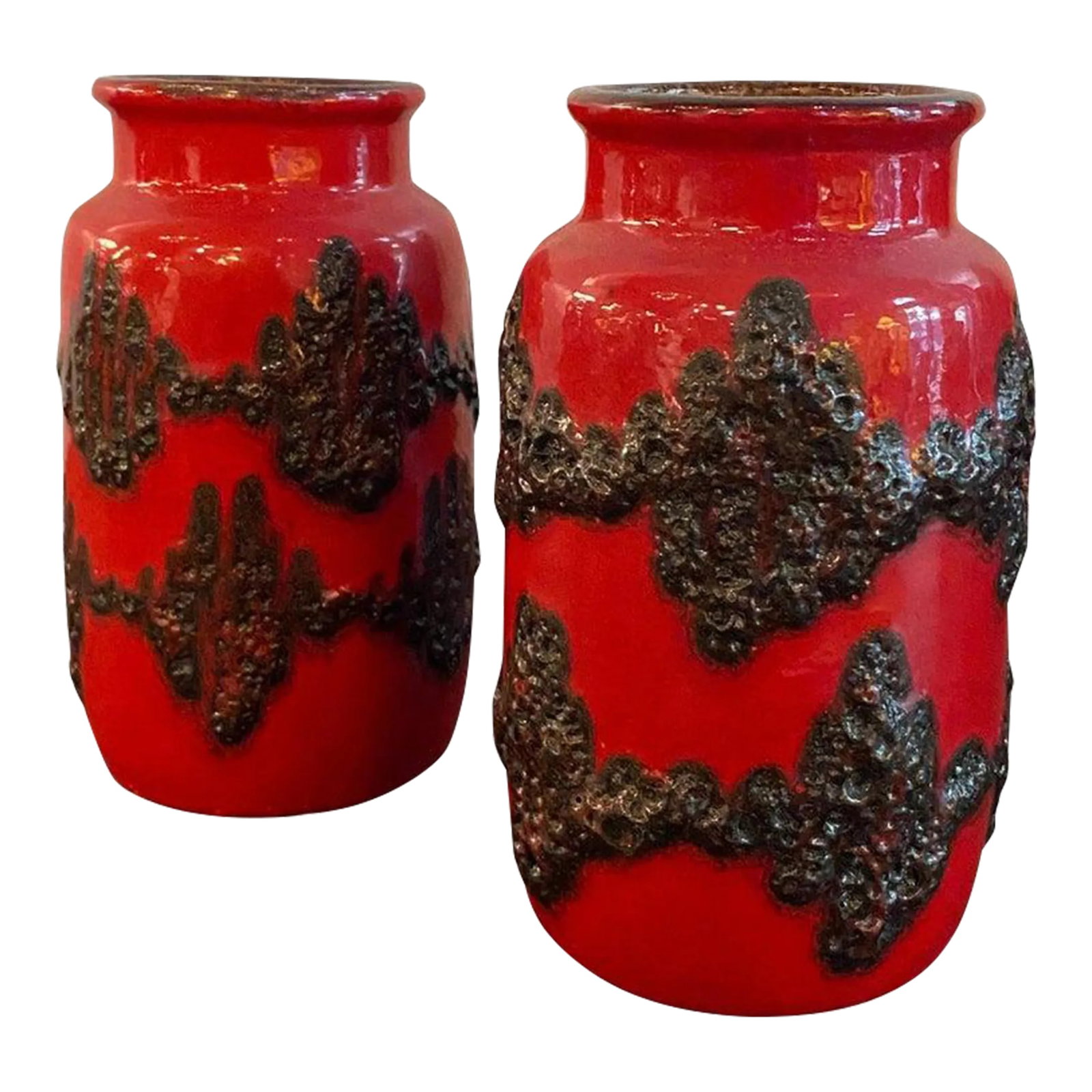 1960s Pair of Fat Lava Vases by Scheurich Keramik: Pair of small, West German, fat lava vases by Scheurich Keramik feature striking, red and black brutalist glazes with black interiors. Their openings measure 2.5 inches diameter. Condition: