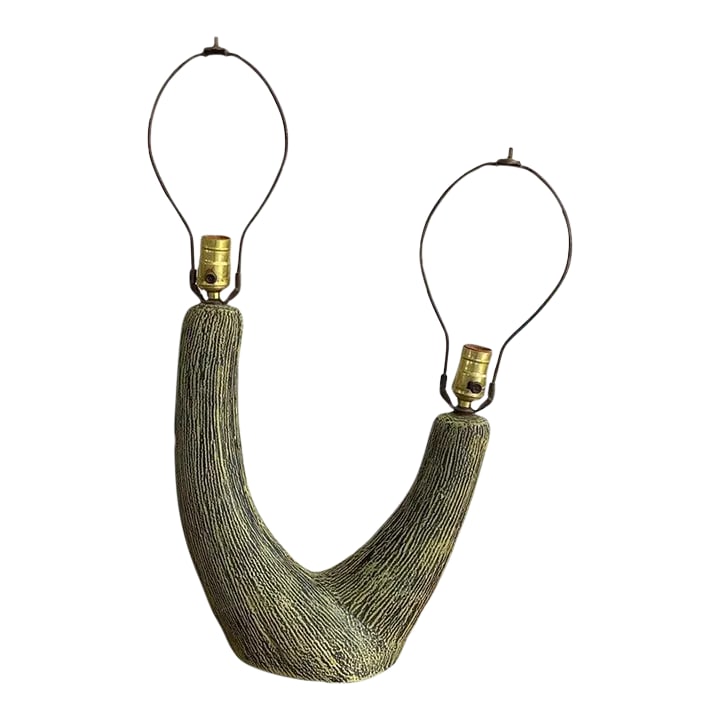 1950s Art Pottery Double Branch Table Lamp by Kelby: Mid-Century Modern, art pottery, table lamp by Kelby features an organic, ceramic, base depicting intersecting tree branches with a cerused bark treatment in light green and black with brass hardware.